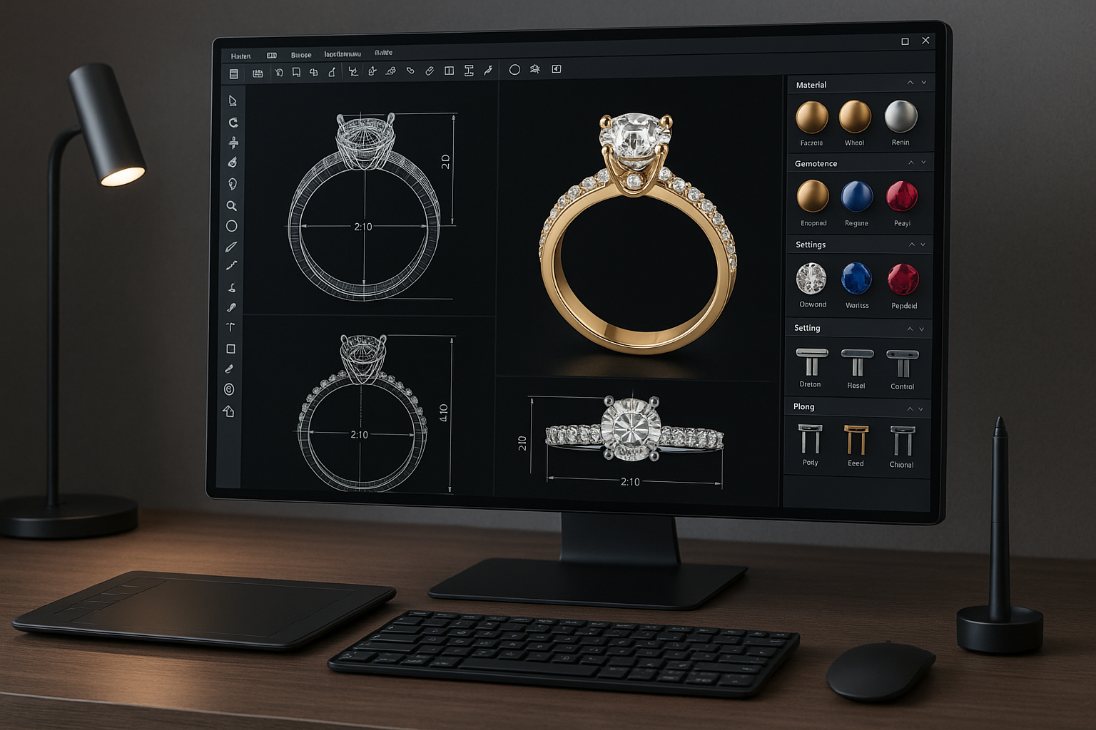 Una imagen de una computadora con un diseño 3d de joyeria como si se estuviera modelando una joya 